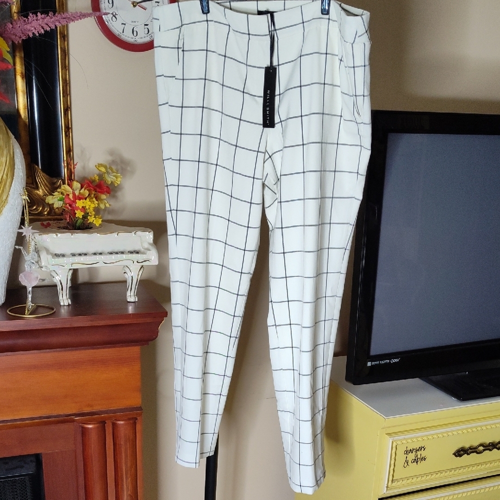 Willi Smith White Grid Pattern Stretch Trouser Pants Size 14